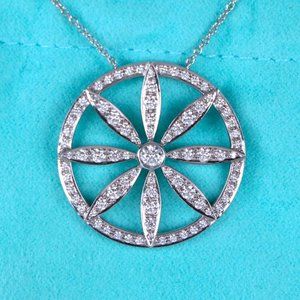 20708 Tiffany & Co. Platinum Round Diamond 26mm Circle Flower Pendant 16"
